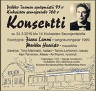 Jaana Lammi ja Markku Haavisto esittävät Veikko Tuomen lauluja su 24.3.2019 klo 14 Kiukaisten Seurojentalolla